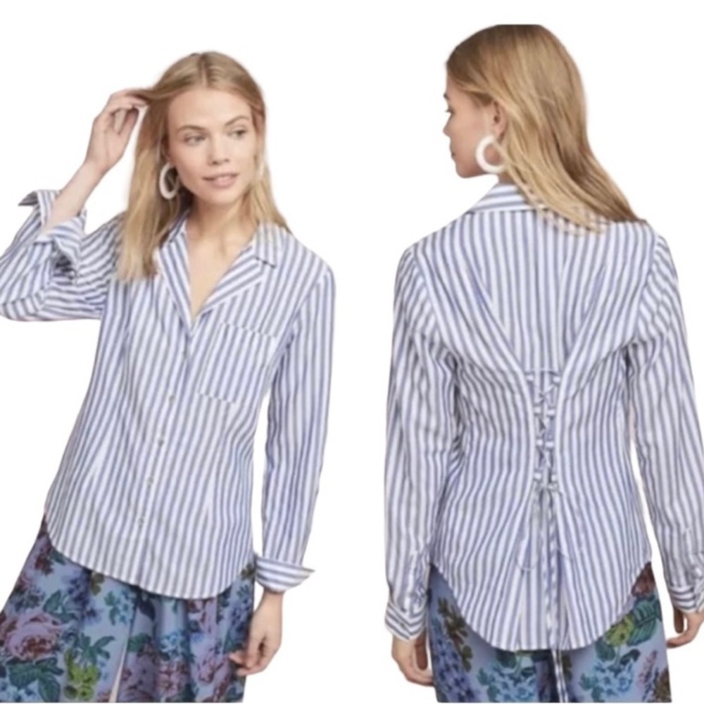 Striped Blue and White Button-Up Shirt with Back Lace Detail